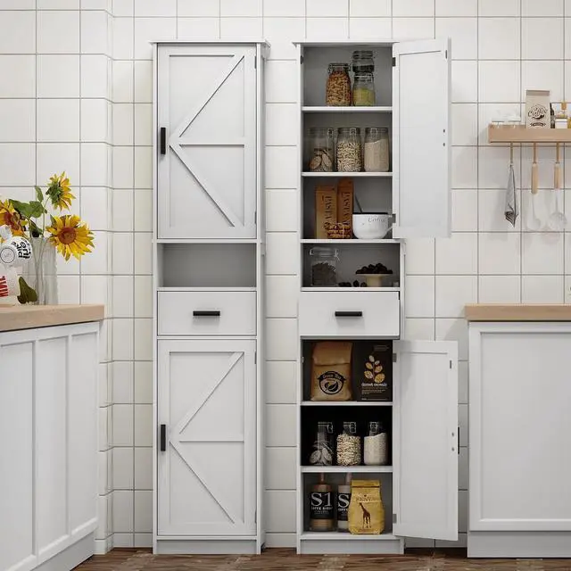 Alt view image 7 of 7 - Narrow Bathroom Storage Cabinet, 69" Tall Bathroom Organizers and Storage with Barn Doors and Drawer, Slim Pantry Unit with Adjustable Shelves, Floor Cabinet for Bathroom, Living Room, Kitchen, White