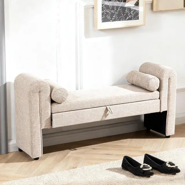 Alt view image 7 of 7 - 60" End of Bed Bench with Storage, Velvet Upholstered Large Storage Ottoman with Rolled Pillows and Armrest, Soft Window Bench, Footstool for Living Room, Entryway, Dormitory, Bedroom, Oatmeal