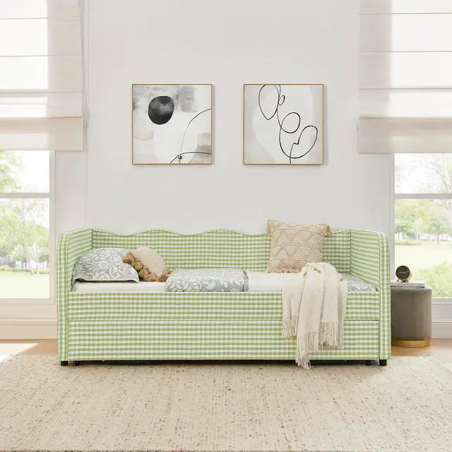 Alt view image 2 of 7 - 3 in 1 Twin to King Daybed, Gingham Upholstered Daybed with Pop Up Trundle, Convertible Sofa Bed with Side Storage Pockets, Extendable Guest Bed Frame for Teens Adults Bedroom Living Room, Green