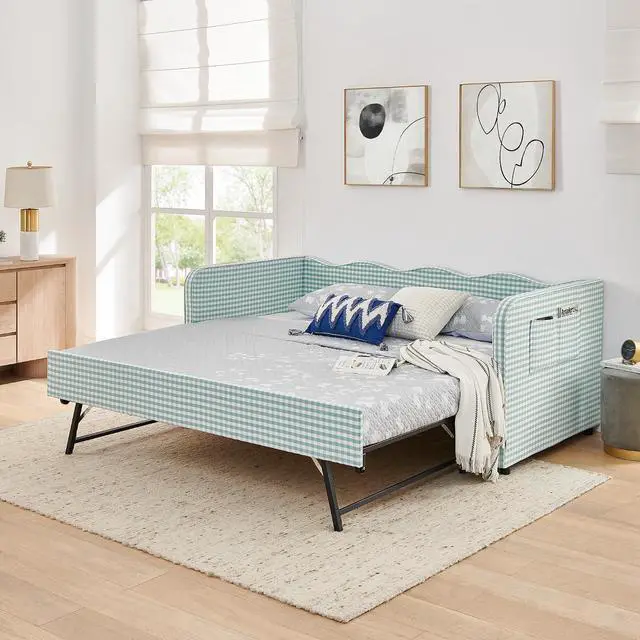 Main image of 3 in 1 Twin to King Daybed, Gingham Upholstered Daybed with Pop Up Trundle, Convertible Sofa Bed with Side Storage Pockets, Extendable Guest Bed Frame for Teens Adults Bedroom Living Room, Cyan