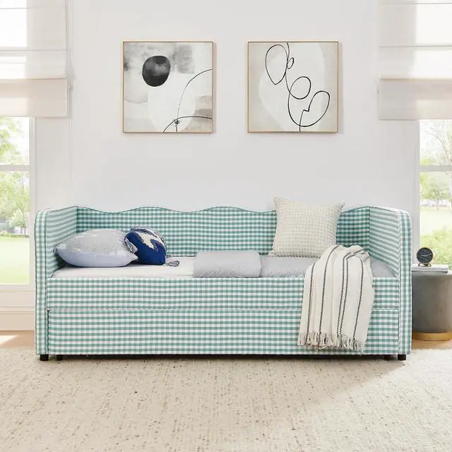 Alt view image 5 of 7 - 3 in 1 Twin to King Daybed, Gingham Upholstered Daybed with Pop Up Trundle, Convertible Sofa Bed with Side Storage Pockets, Extendable Guest Bed Frame for Teens Adults Bedroom Living Room, Cyan