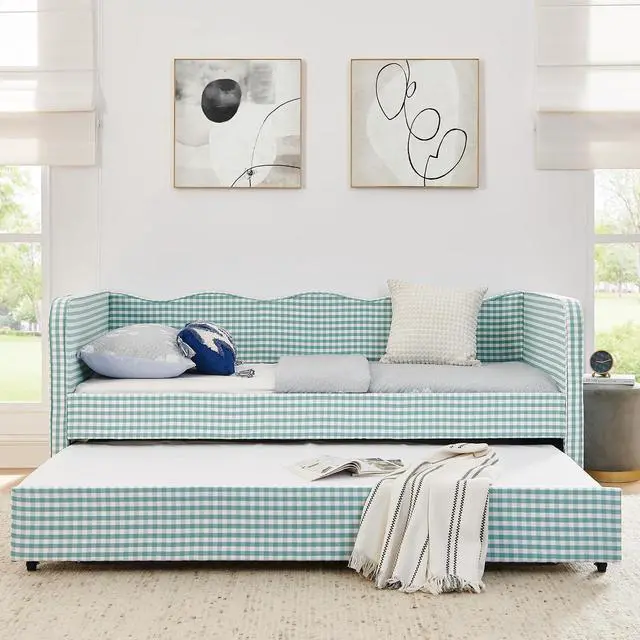 Alt view image 4 of 7 - 3 in 1 Twin to King Daybed, Gingham Upholstered Daybed with Pop Up Trundle, Convertible Sofa Bed with Side Storage Pockets, Extendable Guest Bed Frame for Teens Adults Bedroom Living Room, Cyan
