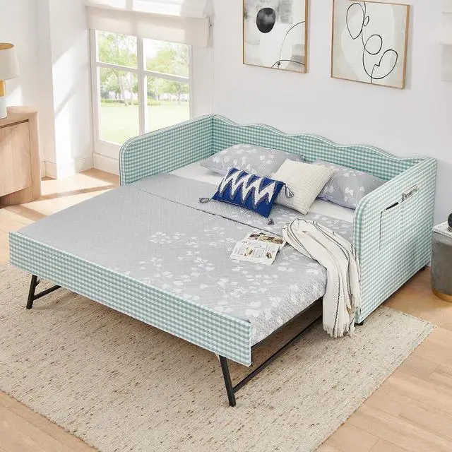 Alt view image 6 of 7 - 3 in 1 Twin to King Daybed, Gingham Upholstered Daybed with Pop Up Trundle, Convertible Sofa Bed with Side Storage Pockets, Extendable Guest Bed Frame for Teens Adults Bedroom Living Room, Cyan