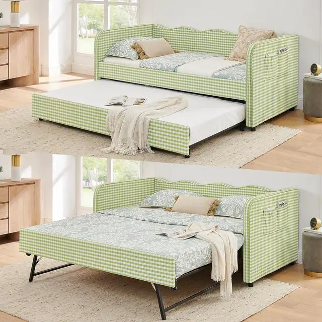 Main image of 3 in 1 Twin to King Daybed, Gingham Upholstered Daybed with Pop Up Trundle, Convertible Sofa Bed with Side Storage Pockets, Extendable Guest Bed Frame for Teens Adults Bedroom Living Room, Green