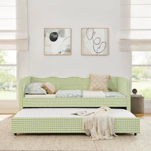 Alt view image 5 of 7 - 3 in 1 Twin to King Daybed, Gingham Upholstered Daybed with Pop Up Trundle, Convertible Sofa Bed with Side Storage Pockets, Extendable Guest Bed Frame for Teens Adults Bedroom Living Room, Green