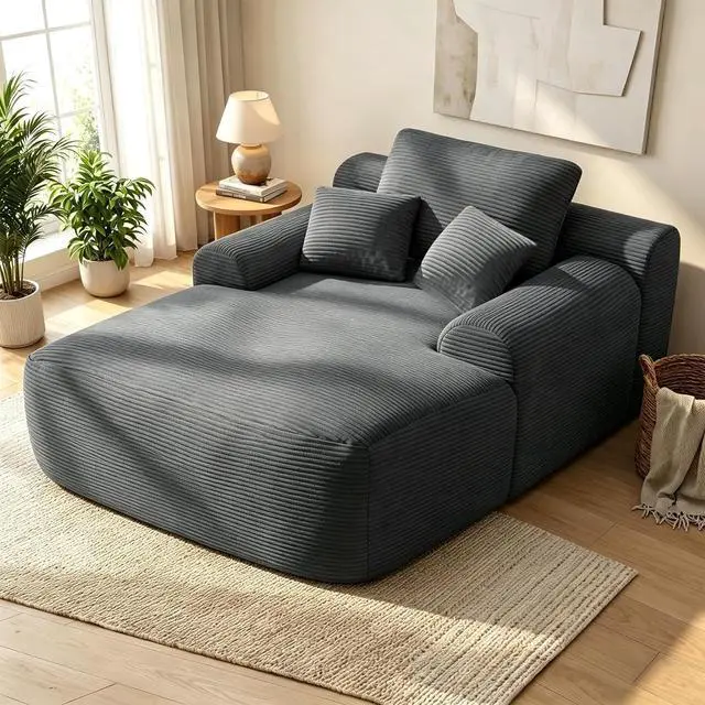 Main image of Floor Lazy Sofa with Pillows, 47" Width Convertible Chaise Lounge Chair with Armrest, Oversized Boneless Sleeper Sofa Bed, Soft Corduroy Sleeper Chair for Living Room, Bedroom, Grey