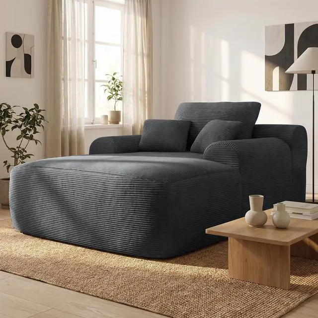 Alt view image 3 of 6 - Floor Lazy Sofa with Pillows, 47" Width Convertible Chaise Lounge Chair with Armrest, Oversized Boneless Sleeper Sofa Bed, Soft Corduroy Sleeper Chair for Living Room, Bedroom, Grey