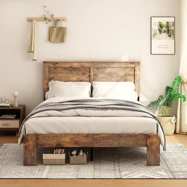 Main image of Wooden Bed Frame King Size, Antique Wood Platform Bed with Large Under Bed Storage Space, Noise Free Double Bed, 800lbs Weight Capacity, No Box Spring Needed and Easy Assembly, Dark Brown