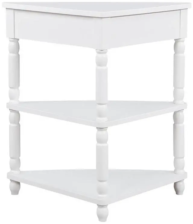 Alt view image 4 of 7 - 33.8'' Corner Desk for Small Spaces,Triangle End Table with Storage Drawer,Corner Side Table with Shelves,Small Corner Table for Living Room, 3 Tier End Corner Table with Solid Wood Legs,White