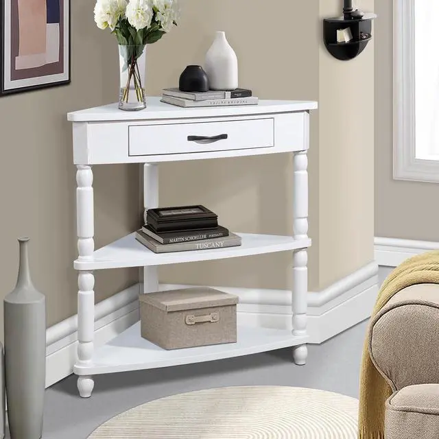 Main image of 33.8'' Corner Desk for Small Spaces,Triangle End Table with Storage Drawer,Corner Side Table with Shelves,Small Corner Table for Living Room, 3 Tier End Corner Table with Solid Wood Legs,White