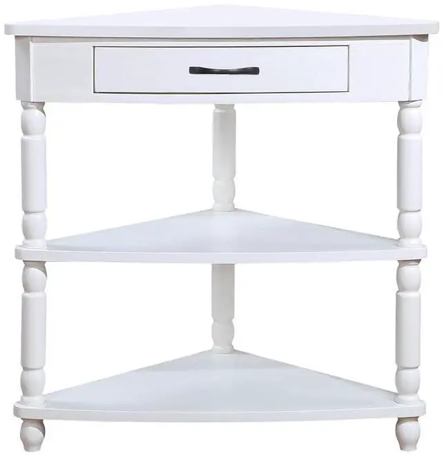 Alt view image 3 of 7 - 33.8'' Corner Desk for Small Spaces,Triangle End Table with Storage Drawer,Corner Side Table with Shelves,Small Corner Table for Living Room, 3 Tier End Corner Table with Solid Wood Legs,White