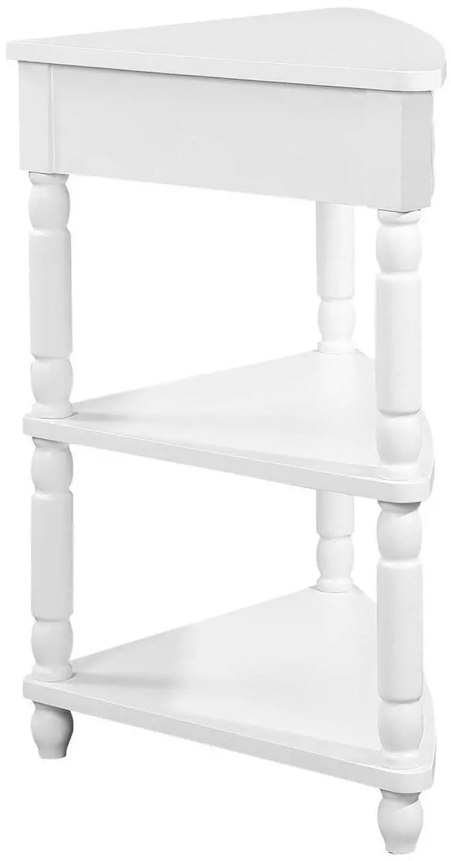 Alt view image 5 of 7 - 33.8'' Corner Desk for Small Spaces,Triangle End Table with Storage Drawer,Corner Side Table with Shelves,Small Corner Table for Living Room, 3 Tier End Corner Table with Solid Wood Legs,White