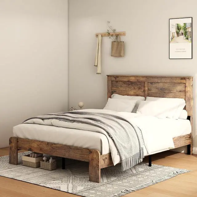 Alt view image 5 of 7 - Wooden Bed Frame King Size, Antique Wood Platform Bed with Large Under Bed Storage Space, Noise Free Double Bed, 800lbs Weight Capacity, No Box Spring Needed and Easy Assembly, Dark Brown