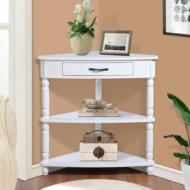 Alt view image 2 of 7 - 33.8'' Corner Desk for Small Spaces,Triangle End Table with Storage Drawer,Corner Side Table with Shelves,Small Corner Table for Living Room, 3 Tier End Corner Table with Solid Wood Legs,White