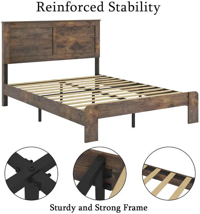 Alt view image 6 of 7 - Wooden Bed Frame King Size, Antique Wood Platform Bed with Large Under Bed Storage Space, Noise Free Double Bed, 800lbs Weight Capacity, No Box Spring Needed and Easy Assembly, Dark Brown