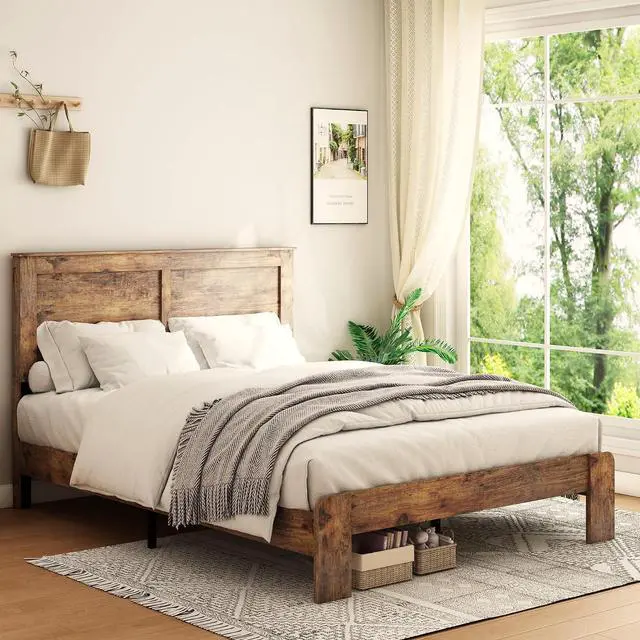 Alt view image 4 of 7 - Wooden Bed Frame King Size, Antique Wood Platform Bed with Large Under Bed Storage Space, Noise Free Double Bed, 800lbs Weight Capacity, No Box Spring Needed and Easy Assembly, Dark Brown