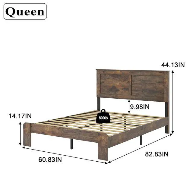 Alt view image 2 of 7 - Wooden Bed Frame Queen Size, Antique Wood Platform Bed with Large Under Bed Storage Space, Noise Free Double Bed, 800lbs Weight Capacity, No Box Spring Needed and Easy Assembly, Dark Brown