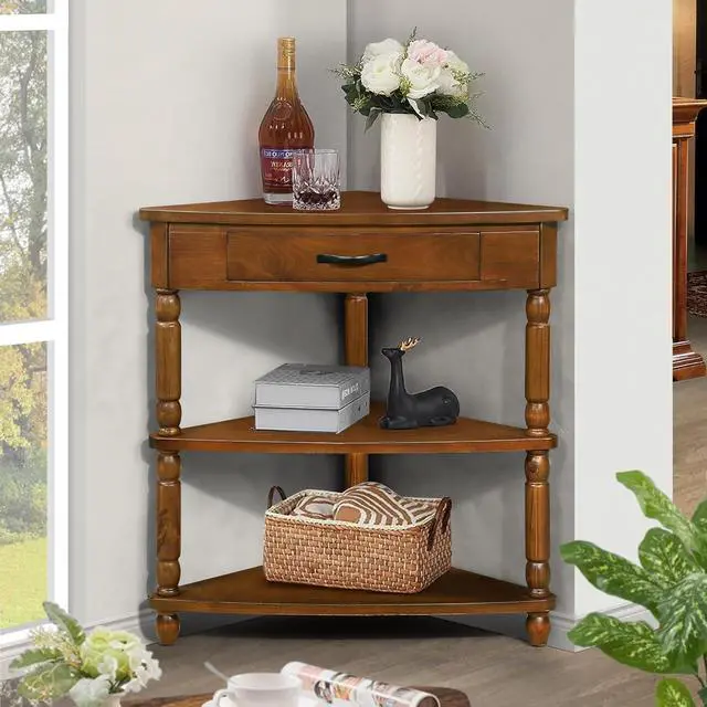 Alt view image 2 of 7 - 33.8'' Corner Desk for Small Spaces,Triangle End Table with Storage Drawer,Corner Side Table with Shelves,Small Corner Table for Living Room, 3 Tier End Corner Table with Solid Wood Legs,Brown