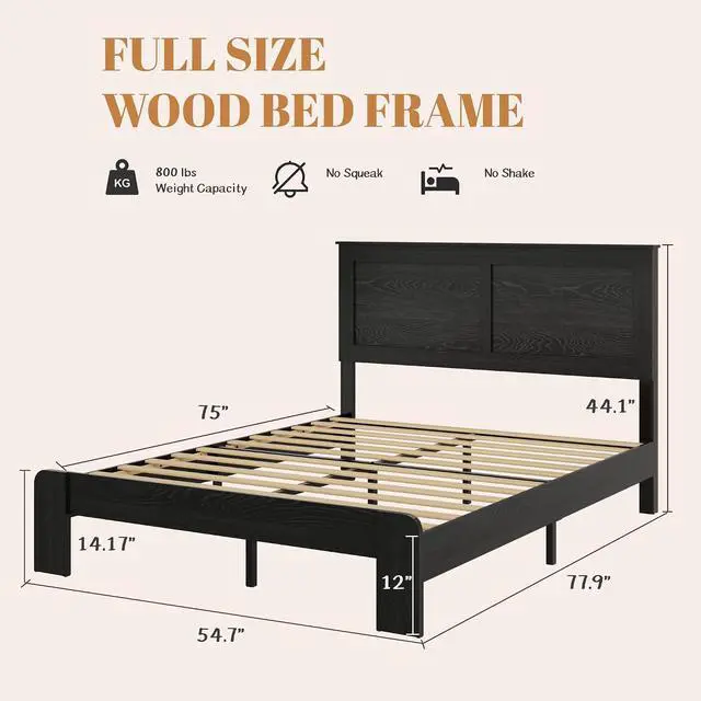 Alt view image 2 of 7 - Wooden Bed Frame Full Size, Antique Wood Platform Bed with Large Under Bed Storage Space, Noise Free Double Bed, 800lbs Weight Capacity, No Box Spring Needed and Easy Assembly, Dark Black