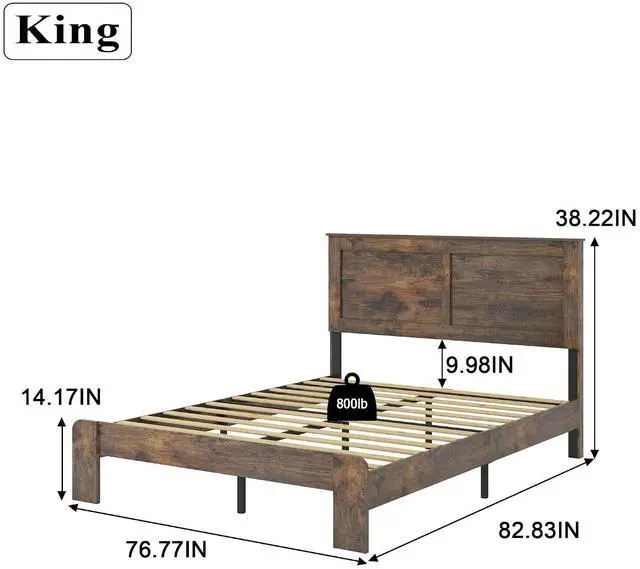 Alt view image 2 of 7 - Wooden Bed Frame King Size, Antique Wood Platform Bed with Large Under Bed Storage Space, Noise Free Double Bed, 800lbs Weight Capacity, No Box Spring Needed and Easy Assembly, Dark Brown