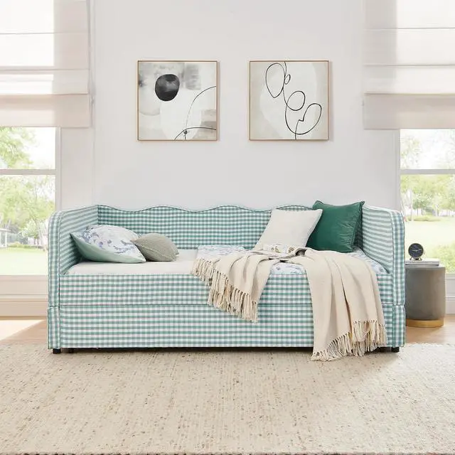 Alt view image 2 of 7 - 3 in 1 Full Daybed with Pop Up Trundle, Convertible Gingham Upholstered Sofa Bed with Side Storage Pockets, Extendable Guest Bed Frame for Teens Adults Bedroom Living Room, Cyan