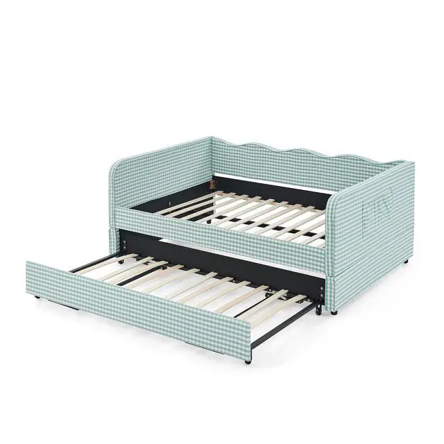 Alt view image 6 of 7 - 3 in 1 Full Daybed with Pop Up Trundle, Convertible Gingham Upholstered Sofa Bed with Side Storage Pockets, Extendable Guest Bed Frame for Teens Adults Bedroom Living Room, Cyan