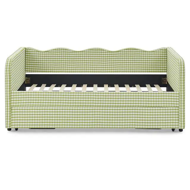 Alt view image 6 of 7 - 3 in 1 Twin to King Daybed, Gingham Upholstered Daybed with Pop Up Trundle, Convertible Sofa Bed with Side Storage Pockets, Extendable Guest Bed Frame for Teens Adults Bedroom Living Room, Green