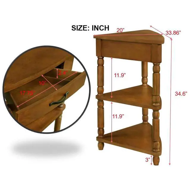 Alt view image 3 of 7 - 33.8'' Corner Desk for Small Spaces,Triangle End Table with Storage Drawer,Corner Side Table with Shelves,Small Corner Table for Living Room, 3 Tier End Corner Table with Solid Wood Legs,Brown