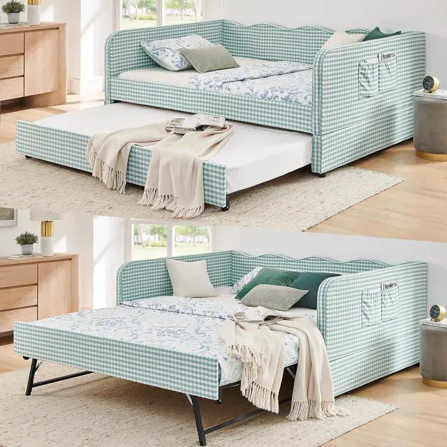 Main image of 3 in 1 Full Daybed with Pop Up Trundle, Convertible Gingham Upholstered Sofa Bed with Side Storage Pockets, Extendable Guest Bed Frame for Teens Adults Bedroom Living Room, Cyan