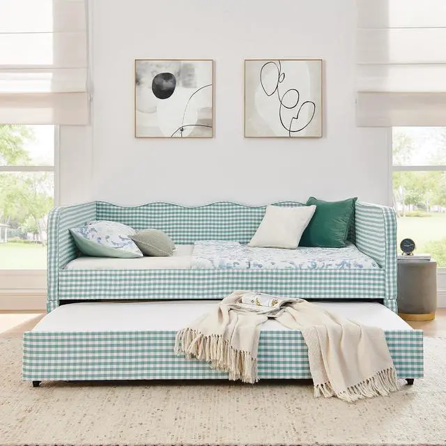 Alt view image 5 of 7 - 3 in 1 Full Daybed with Pop Up Trundle, Convertible Gingham Upholstered Sofa Bed with Side Storage Pockets, Extendable Guest Bed Frame for Teens Adults Bedroom Living Room, Cyan