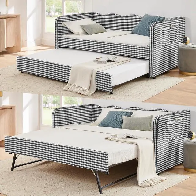 Main image of 3 in 1 Twin to King Daybed, Gingham Upholstered Daybed with Pop Up Trundle, Convertible Sofa Bed with Side Storage Pockets, Extendable Guest Bed Frame for Teens Adults Bedroom Living Room, Black