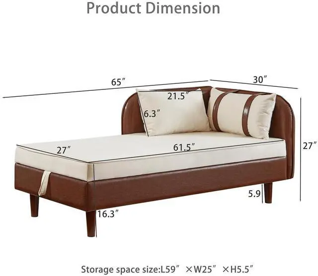 Alt view image 2 of 7 - 65" PU Upholstered Storage Chaise Lounge Sofa with Velvet Cushion and Pillows, Sleeper Chair with Right Hand Armrest, Lounge Sofa, Accent Reading Chair for Living Room, Bedroom, Brown + Beige