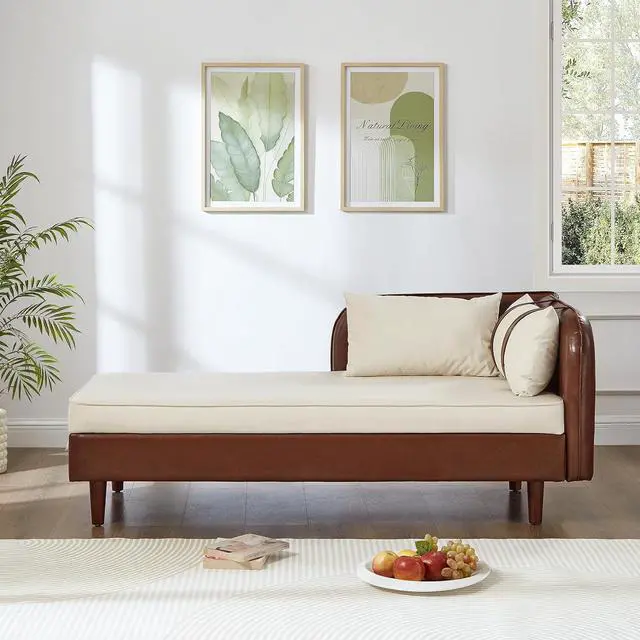 Alt view image 5 of 7 - 65" PU Upholstered Storage Chaise Lounge Sofa with Velvet Cushion and Pillows, Sleeper Chair with Right Hand Armrest, Lounge Sofa, Accent Reading Chair for Living Room, Bedroom, Brown + Beige