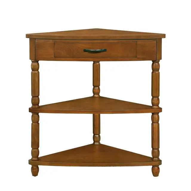 Alt view image 4 of 7 - 33.8'' Corner Desk for Small Spaces,Triangle End Table with Storage Drawer,Corner Side Table with Shelves,Small Corner Table for Living Room, 3 Tier End Corner Table with Solid Wood Legs,Brown