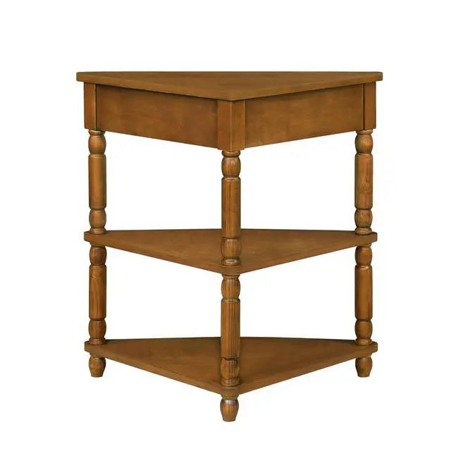 Alt view image 5 of 7 - 33.8'' Corner Desk for Small Spaces,Triangle End Table with Storage Drawer,Corner Side Table with Shelves,Small Corner Table for Living Room, 3 Tier End Corner Table with Solid Wood Legs,Brown