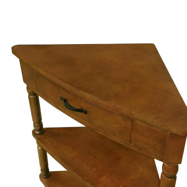 Alt view image 6 of 7 - 33.8'' Corner Desk for Small Spaces,Triangle End Table with Storage Drawer,Corner Side Table with Shelves,Small Corner Table for Living Room, 3 Tier End Corner Table with Solid Wood Legs,Brown