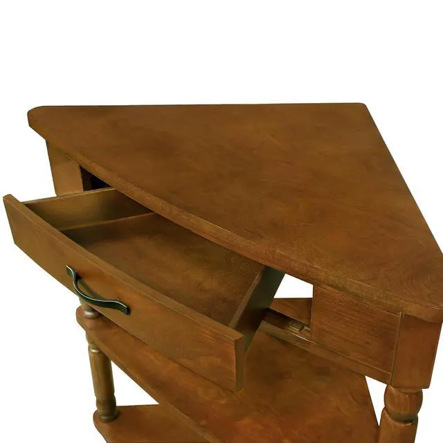 Alt view image 7 of 7 - 33.8'' Corner Desk for Small Spaces,Triangle End Table with Storage Drawer,Corner Side Table with Shelves,Small Corner Table for Living Room, 3 Tier End Corner Table with Solid Wood Legs,Brown