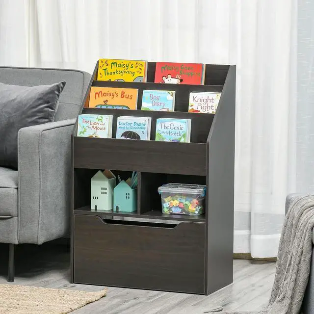 Alt view image 2 of 7 - 3 Tier Sling Book Shelf Toy Storage, Wooden Bookcase with Drawer, Multi-Shelf Rack Toy Organizer with Storage Drawer for Books, Classroom, Playroom, Brown