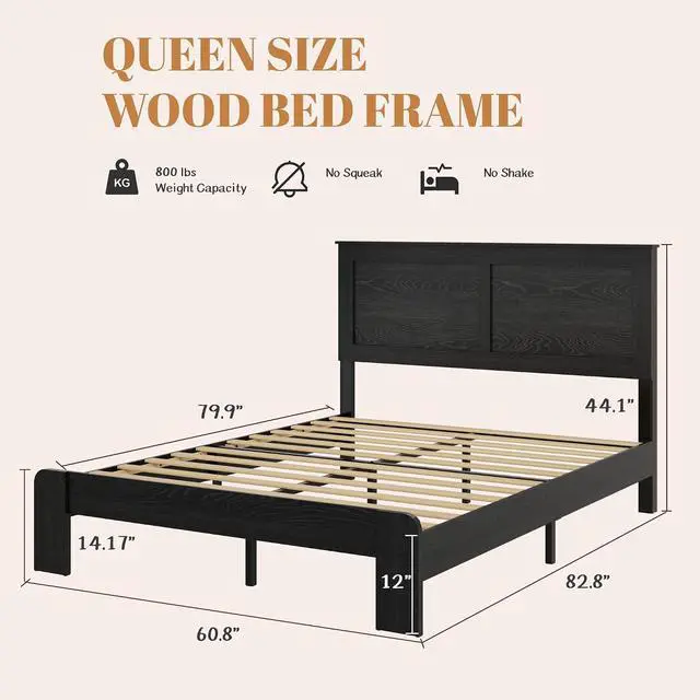 Alt view image 2 of 7 - Wooden Bed Frame Queen Size, Antique Wood Platform Bed with Large Under Bed Storage Space, Noise Free Double Bed, 800lbs Weight Capacity, No Box Spring Needed and Easy Assembly, Dark Black