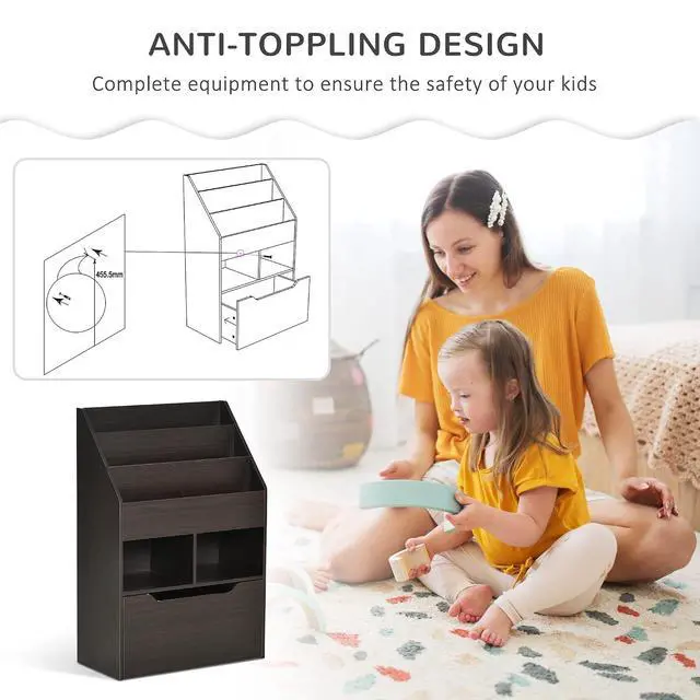 Alt view image 6 of 7 - 3 Tier Sling Book Shelf Toy Storage, Wooden Bookcase with Drawer, Multi-Shelf Rack Toy Organizer with Storage Drawer for Books, Classroom, Playroom, Brown