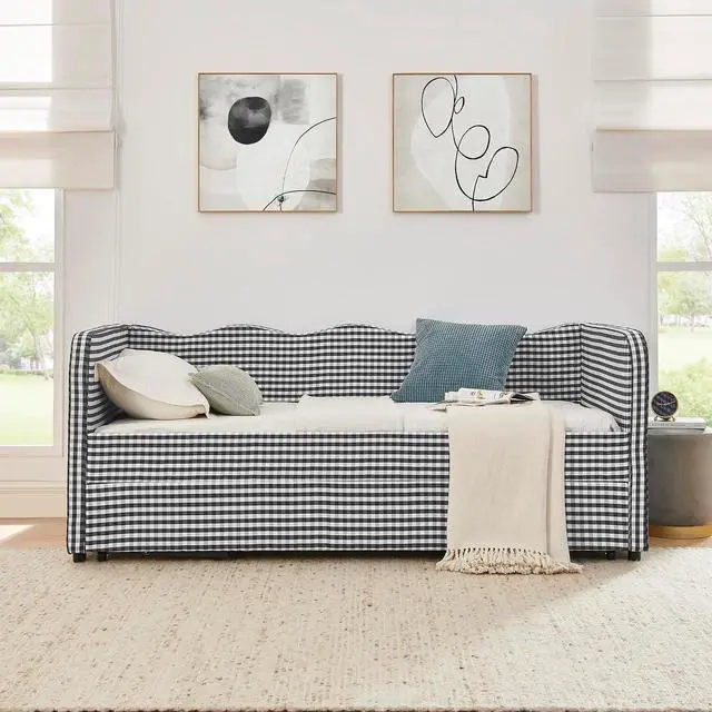 Alt view image 2 of 6 - 3 in 1 Twin to King Daybed, Gingham Upholstered Daybed with Pop Up Trundle, Convertible Sofa Bed with Side Storage Pockets, Extendable Guest Bed Frame for Teens Adults Bedroom Living Room, Black