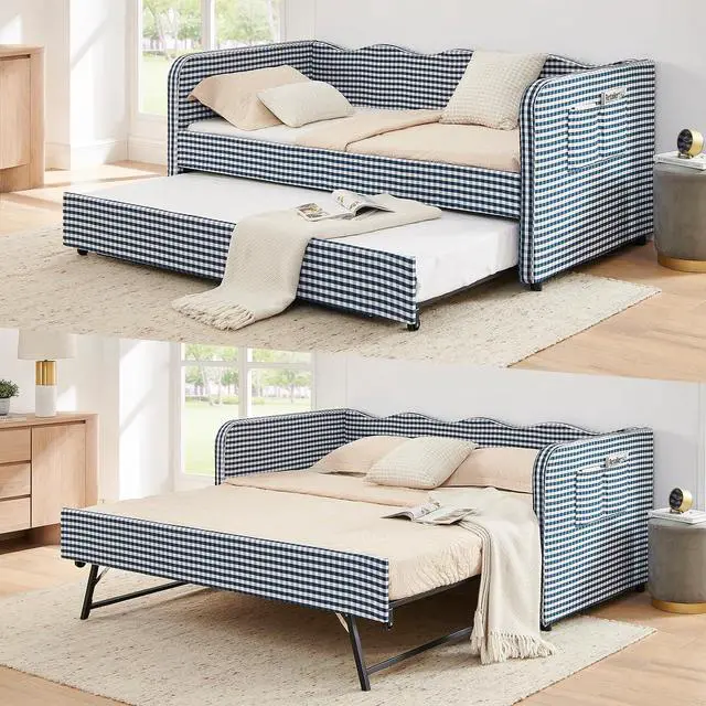 Main image of 3 in 1 Twin to King Daybed, Gingham Upholstered Daybed with Pop Up Trundle, Convertible Sofa Bed with Side Storage Pockets, Extendable Guest Bed Frame for Teens Adults Bedroom Living Room, Dark Blue