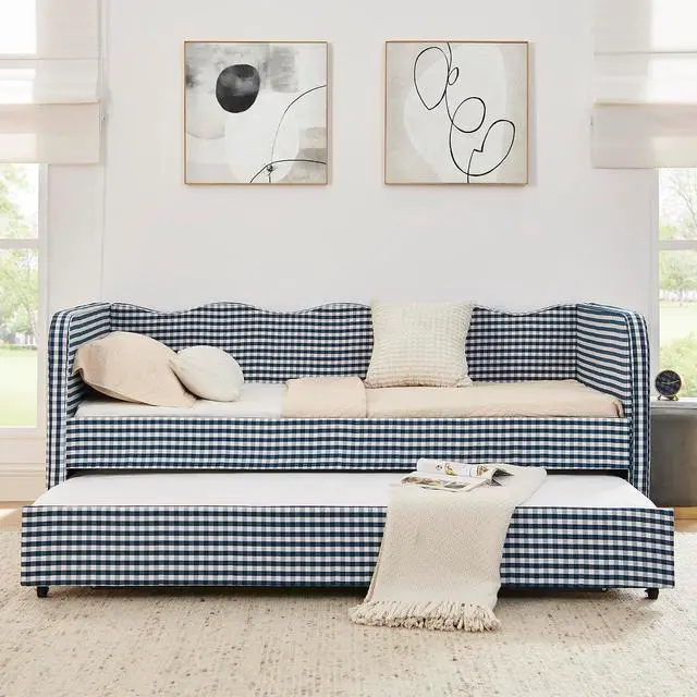 Alt view image 5 of 7 - 3 in 1 Twin to King Daybed, Gingham Upholstered Daybed with Pop Up Trundle, Convertible Sofa Bed with Side Storage Pockets, Extendable Guest Bed Frame for Teens Adults Bedroom Living Room, Dark Blue