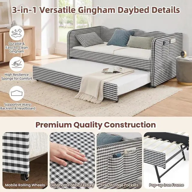Alt view image 6 of 6 - 3 in 1 Twin to King Daybed, Gingham Upholstered Daybed with Pop Up Trundle, Convertible Sofa Bed with Side Storage Pockets, Extendable Guest Bed Frame for Teens Adults Bedroom Living Room, Black