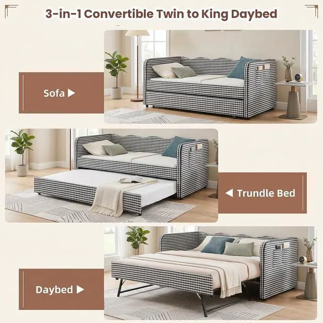 Alt view image 5 of 6 - 3 in 1 Twin to King Daybed, Gingham Upholstered Daybed with Pop Up Trundle, Convertible Sofa Bed with Side Storage Pockets, Extendable Guest Bed Frame for Teens Adults Bedroom Living Room, Black