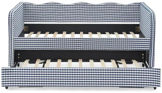 Alt view image 6 of 7 - 3 in 1 Twin to King Daybed, Gingham Upholstered Daybed with Pop Up Trundle, Convertible Sofa Bed with Side Storage Pockets, Extendable Guest Bed Frame for Teens Adults Bedroom Living Room, Dark Blue