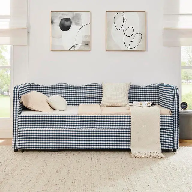 Alt view image 2 of 7 - 3 in 1 Twin to King Daybed, Gingham Upholstered Daybed with Pop Up Trundle, Convertible Sofa Bed with Side Storage Pockets, Extendable Guest Bed Frame for Teens Adults Bedroom Living Room, Dark Blue