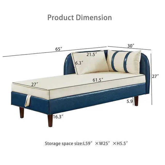 Alt view image 2 of 7 - 65" PU Upholstered Storage Chaise Lounge Sofa with Velvet Cushion and Pillows, Sleeper Chair with Right Hand Armrest, Lounge Sofa, Accent Reading Chair for Living Room, Bedroom, Beige + Blue