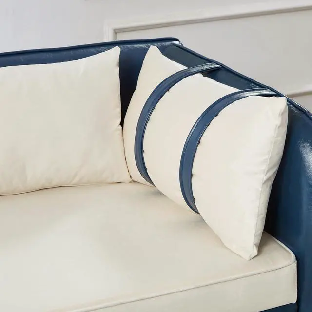 Alt view image 6 of 7 - 65" PU Upholstered Storage Chaise Lounge Sofa with Velvet Cushion and Pillows, Sleeper Chair with Right Hand Armrest, Lounge Sofa, Accent Reading Chair for Living Room, Bedroom, Beige + Blue