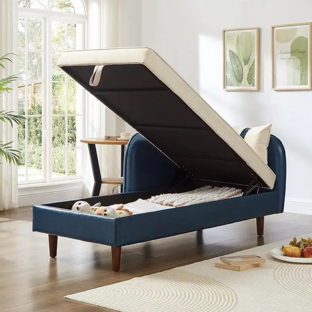 Alt view image 3 of 7 - 65" PU Upholstered Storage Chaise Lounge Sofa with Velvet Cushion and Pillows, Sleeper Chair with Right Hand Armrest, Lounge Sofa, Accent Reading Chair for Living Room, Bedroom, Beige + Blue